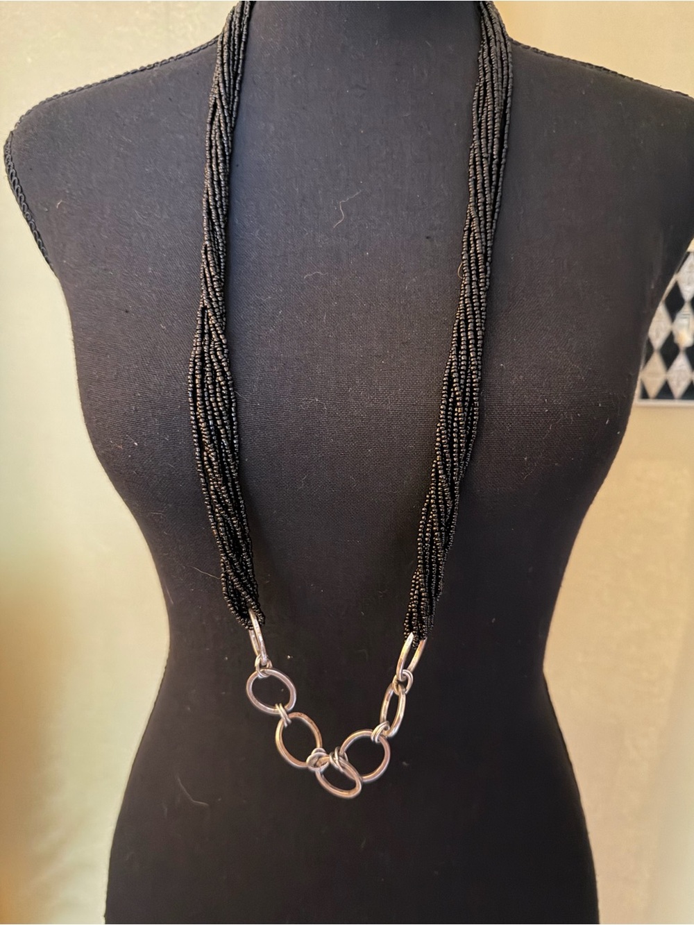 Black Multi-Strand Beaded Necklace with Silver Ring Accent - Women Jewelry